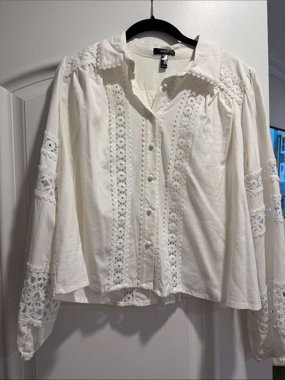 Aqua Ivory Eyelet Lace-Trim Button Front Blouse
